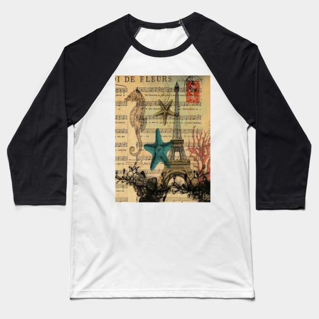 music notes ocean seashells vintage eiffel tower Baseball T-Shirt by Tina